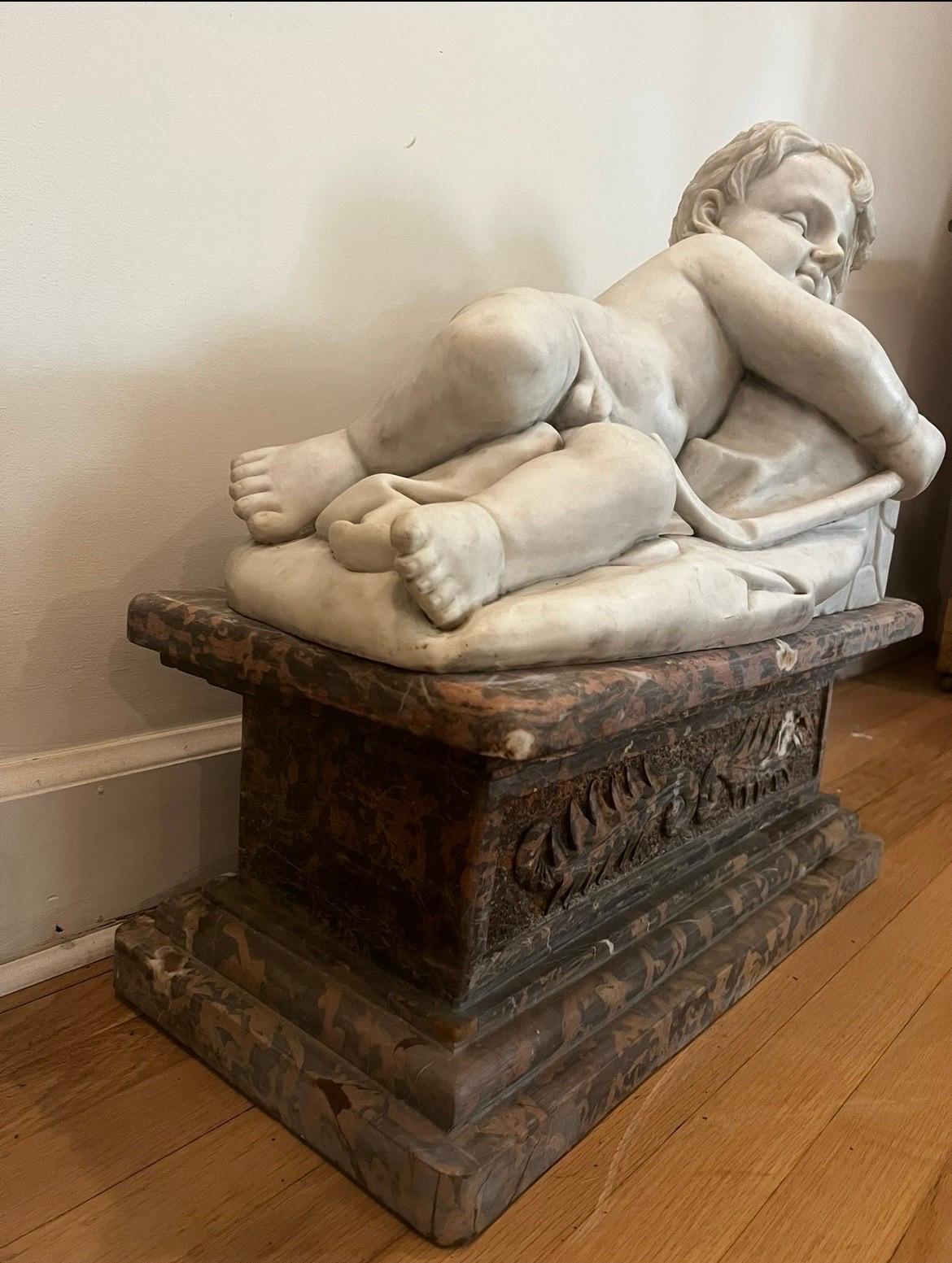 Carved Antique Carrara Marble Statue of Sleeping Child on Large Plinth For Sale