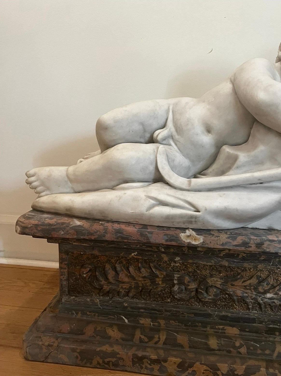 Antique Carrara Marble Statue of Sleeping Child on Large Plinth In Good Condition For Sale In Los Angeles, CA