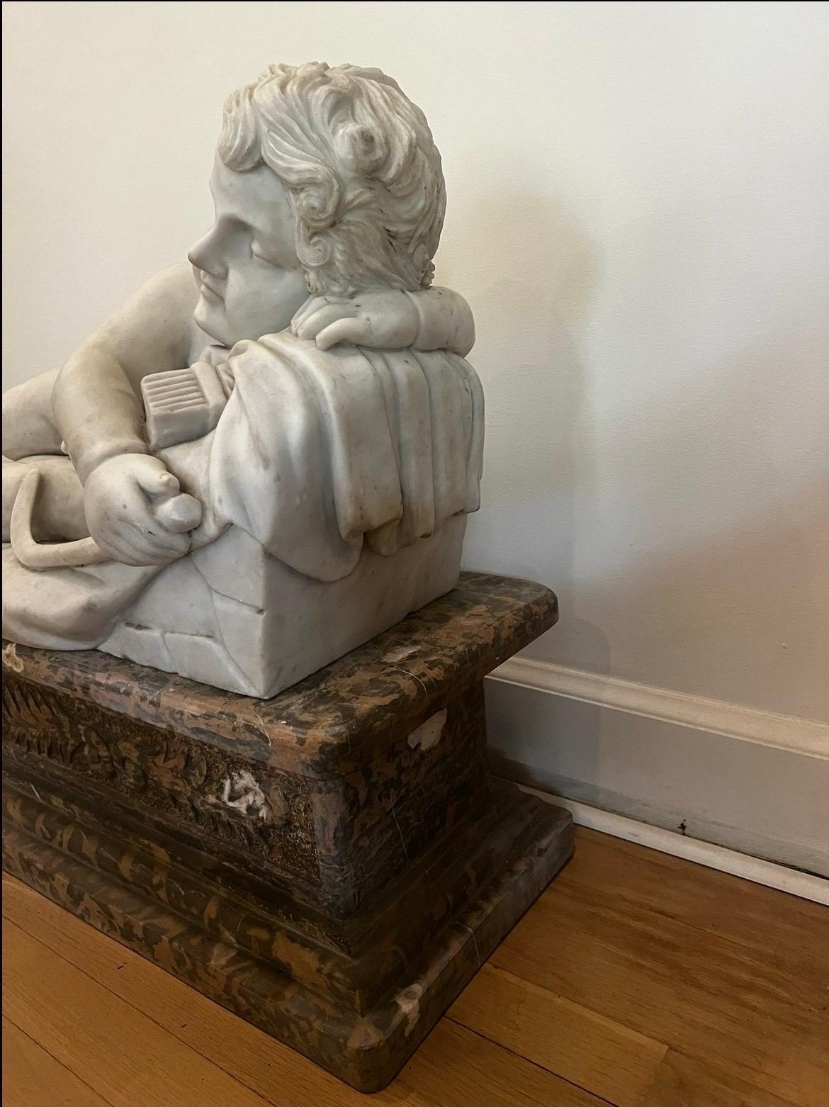 19th Century Antique Carrara Marble Statue of Sleeping Child on Large Plinth For Sale