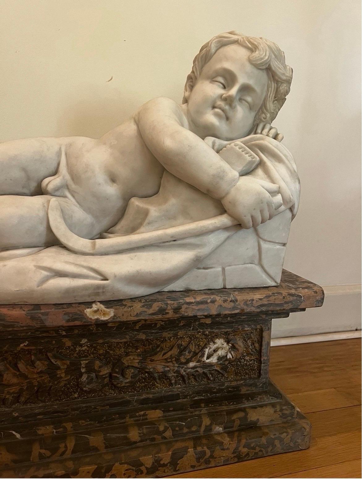 Antique Carrara Marble Statue of Sleeping Child on Large Plinth For Sale 1