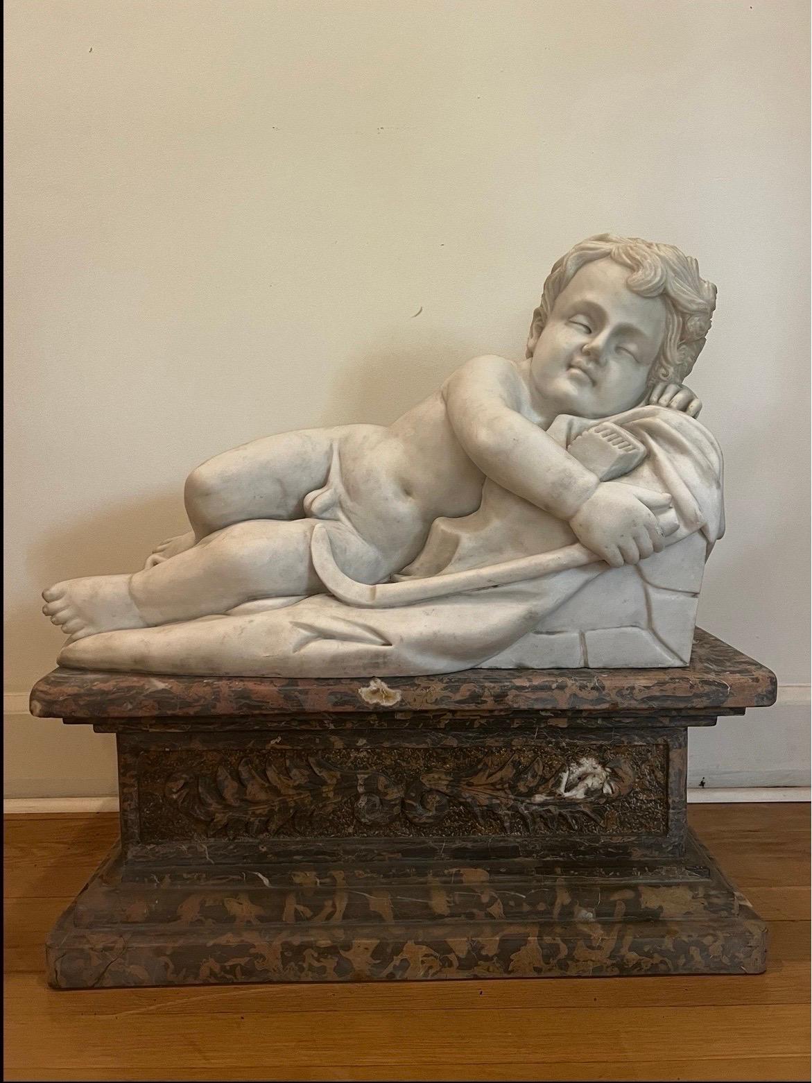 Antique Carrara Marble Statue of Sleeping Child on Large Plinth For Sale 2