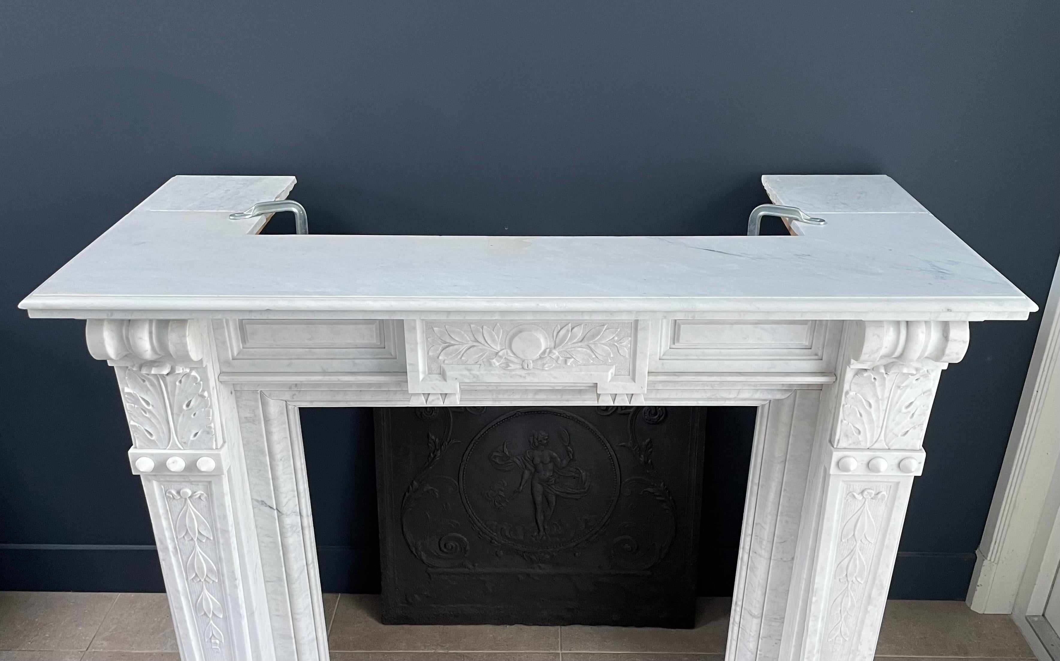 Hand-Carved Antique Carrara White Marble Circular Fireplace For Sale