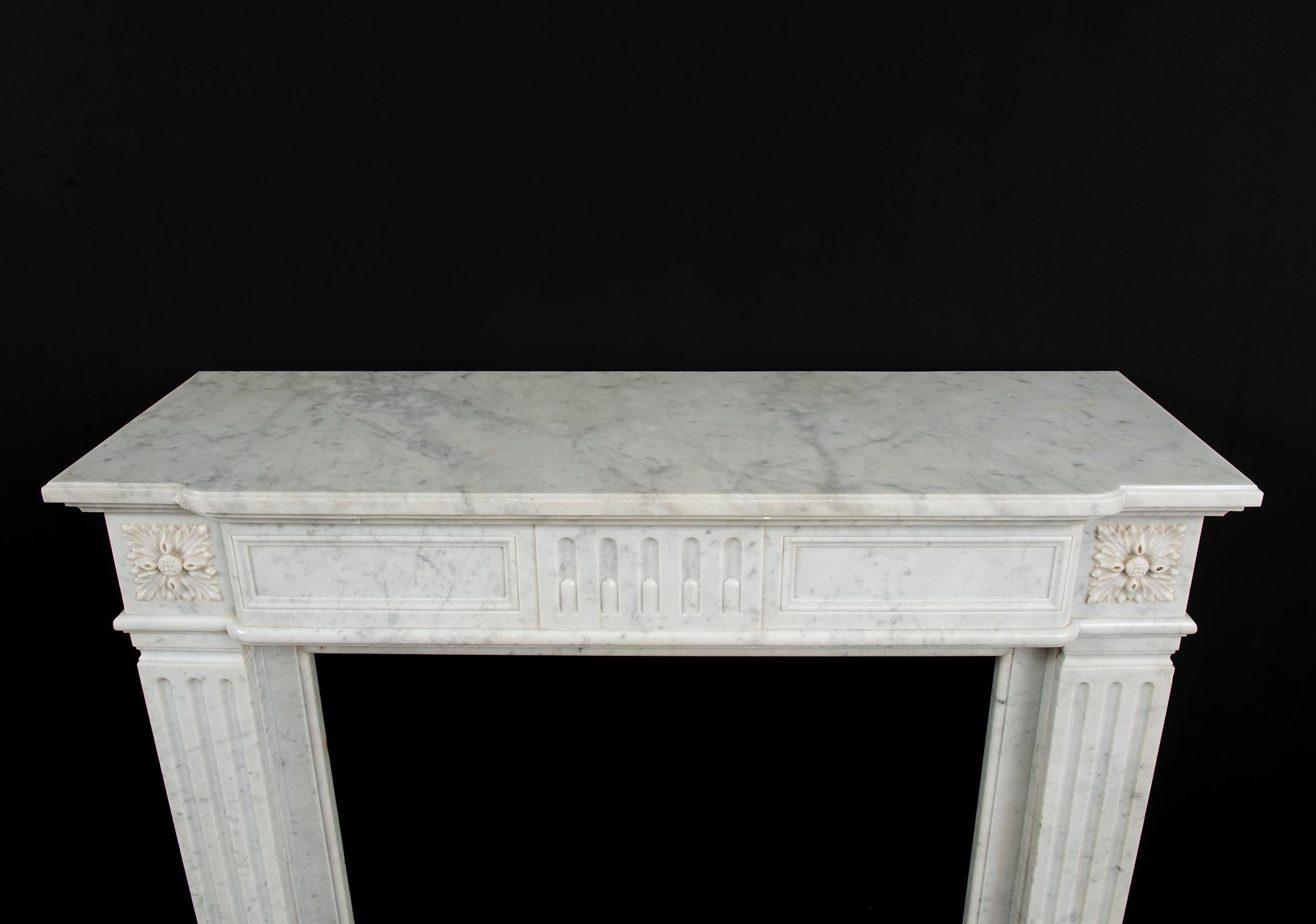 Hand-Carved Antique Carrara White Marble Fireplace