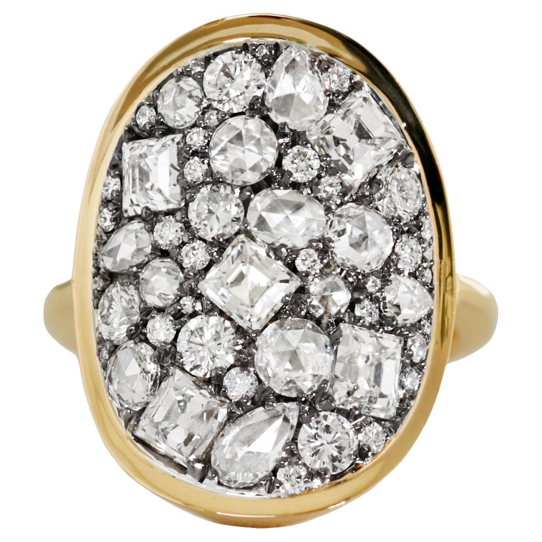 Antique Carré-cut + Rose-cut + Brilliant-cut White Diamond Mosaic Set Pavé Ring