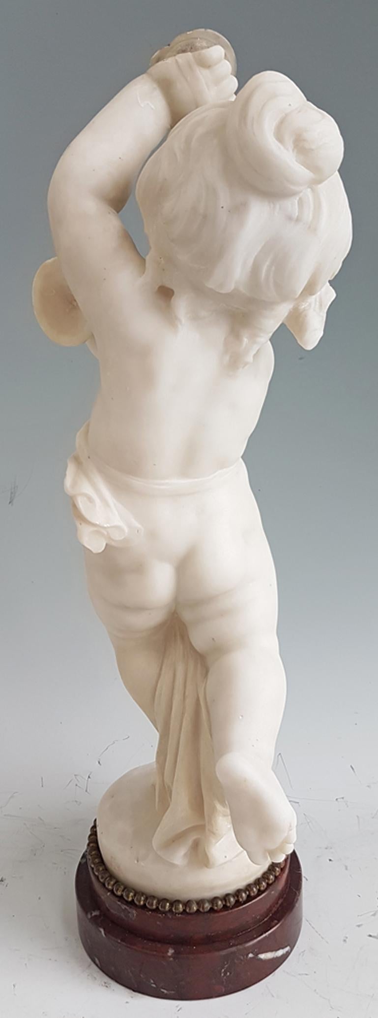 Mid-19th Century Antique Carrera Marble of a Dancing Putti playing Cymbals after Clodion For Sale