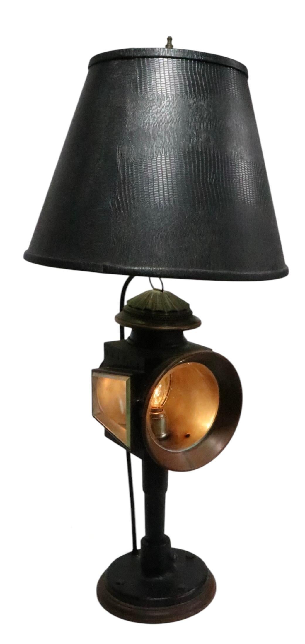 Metal Antique Carriage Lamp by Brewster & C Mounted as a Steampunk Style Table Lamp For Sale