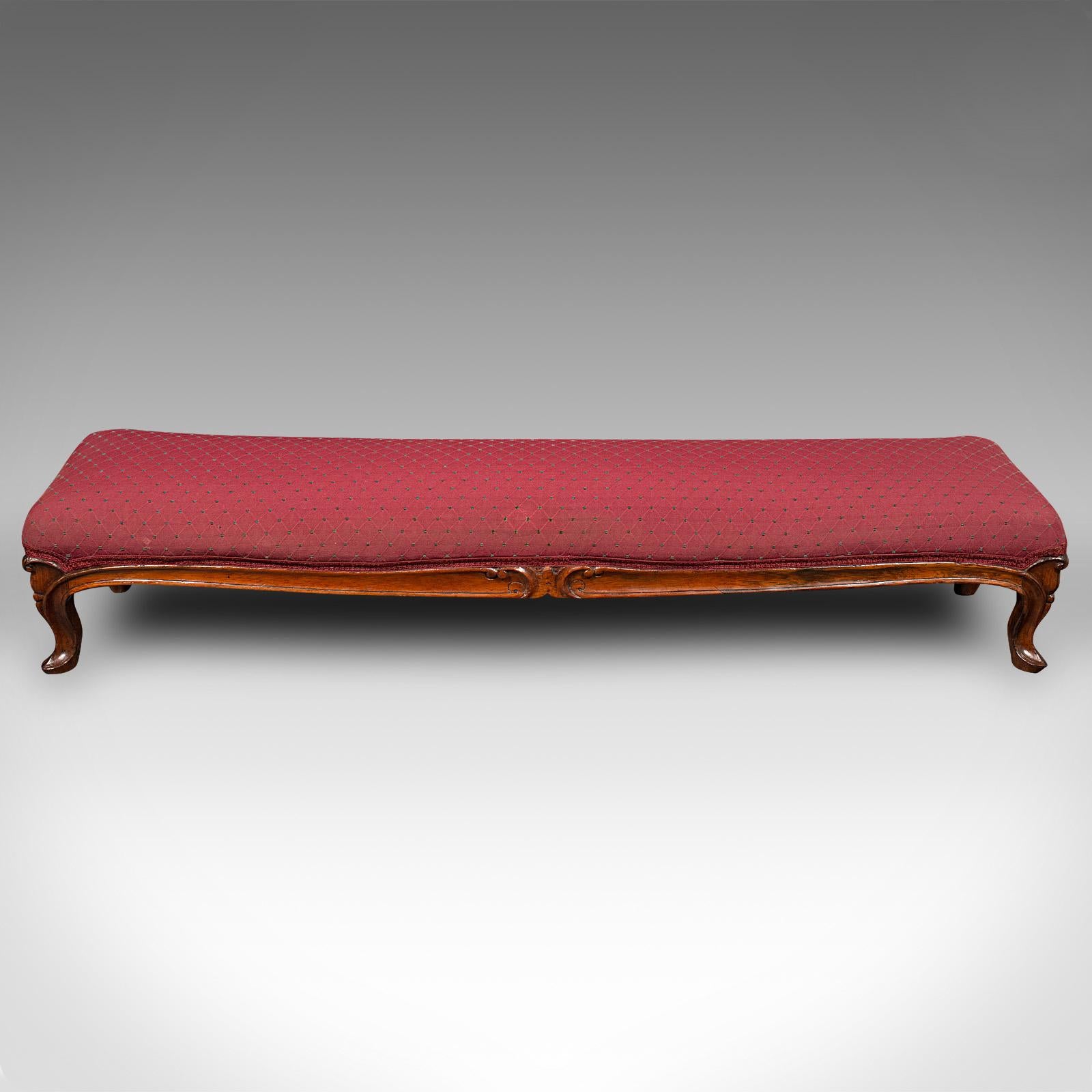 This is an antique carriage stool. An English, walnut and silk cotton raised fireside foot rest, dating to the early Victorian period, circa 1840.

Rest your weary legs on this delightful fireside stool
Displaying a desirable aged patina and in good