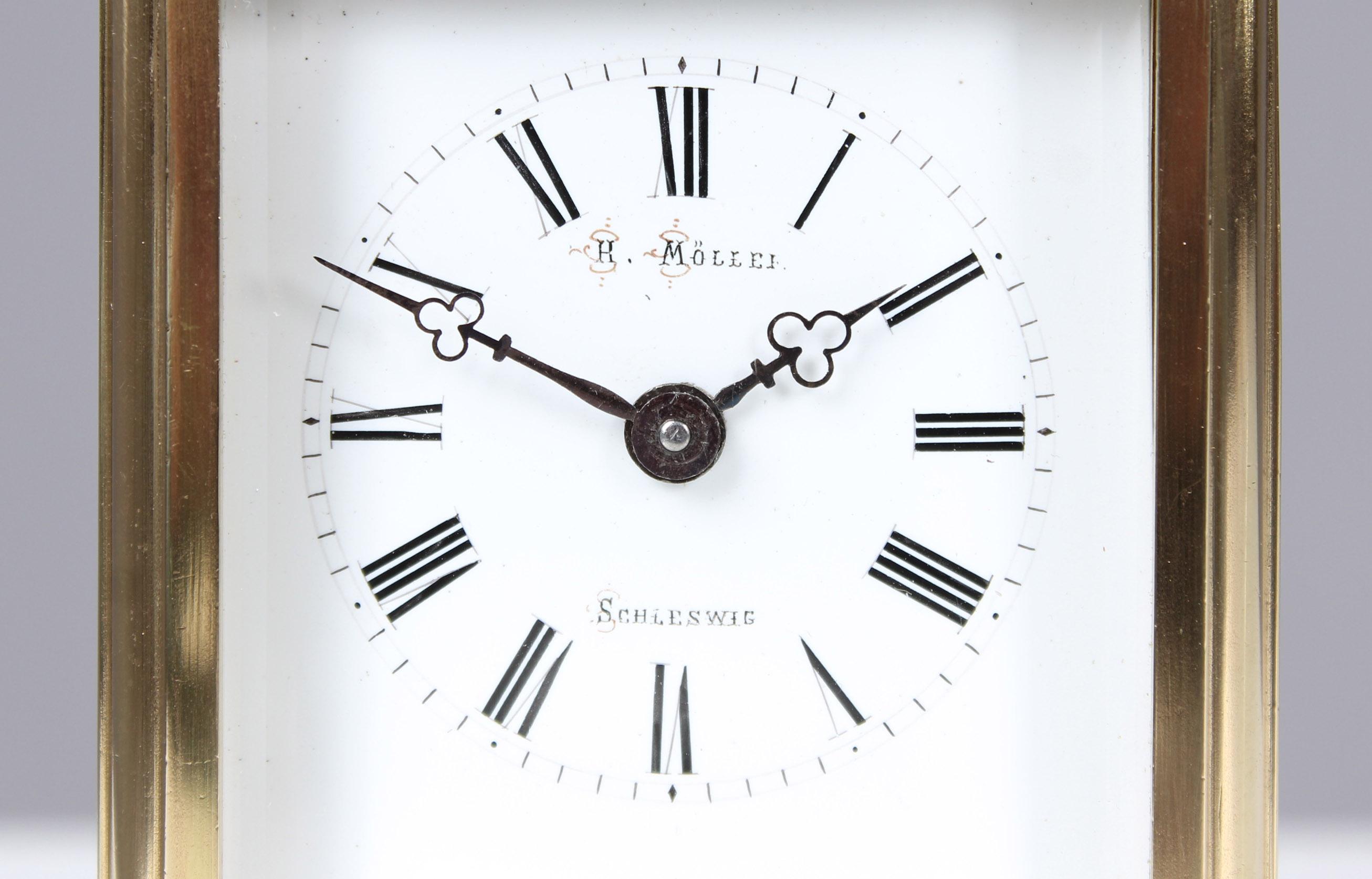 Enamel Antique Carriage, Travel Alarm Clock, Signed Möller Schleswig, circa 1900