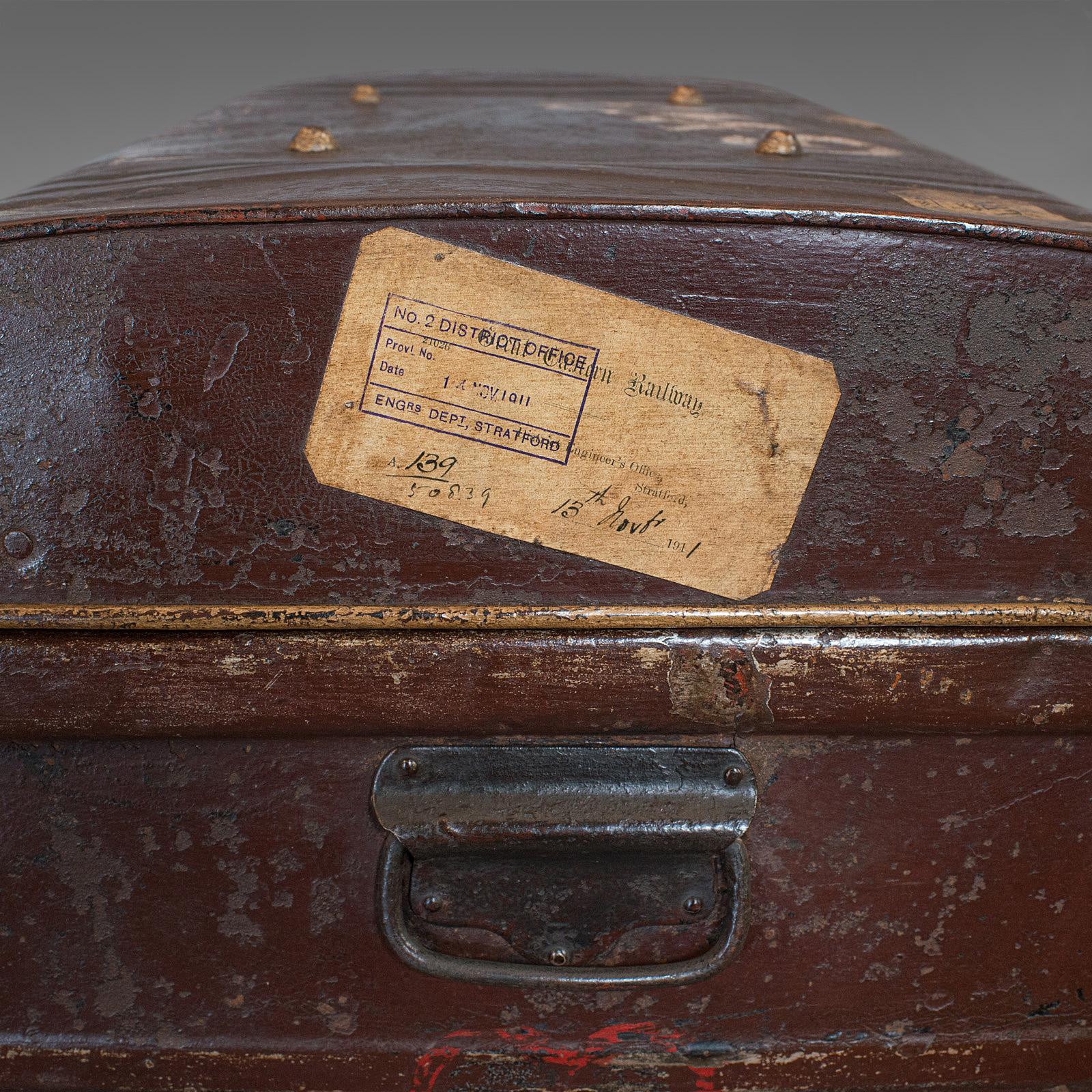 Antique Carriage Trunk, English, Steel, Railway, Steamer, Chest, Victorian 4