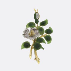Antique Carrington Diamond and Nephrite Jade Floral Brooch