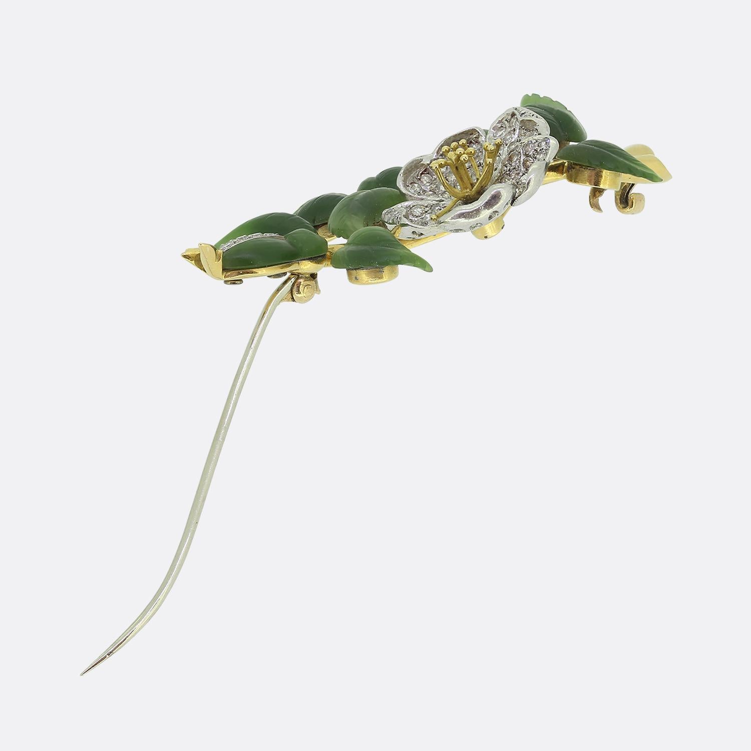 Old European Cut Antique Carrington Diamond and Nephrite Jade Floral Brooch For Sale