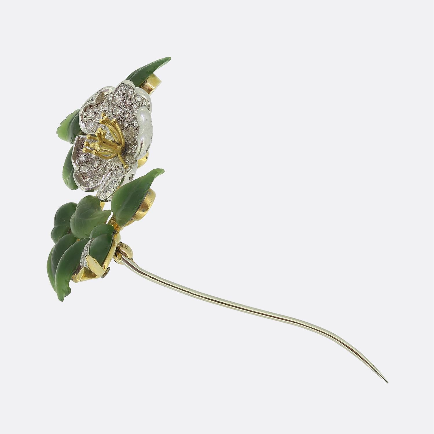 Antique Carrington Diamond and Nephrite Jade Floral Brooch In Good Condition For Sale In London, GB