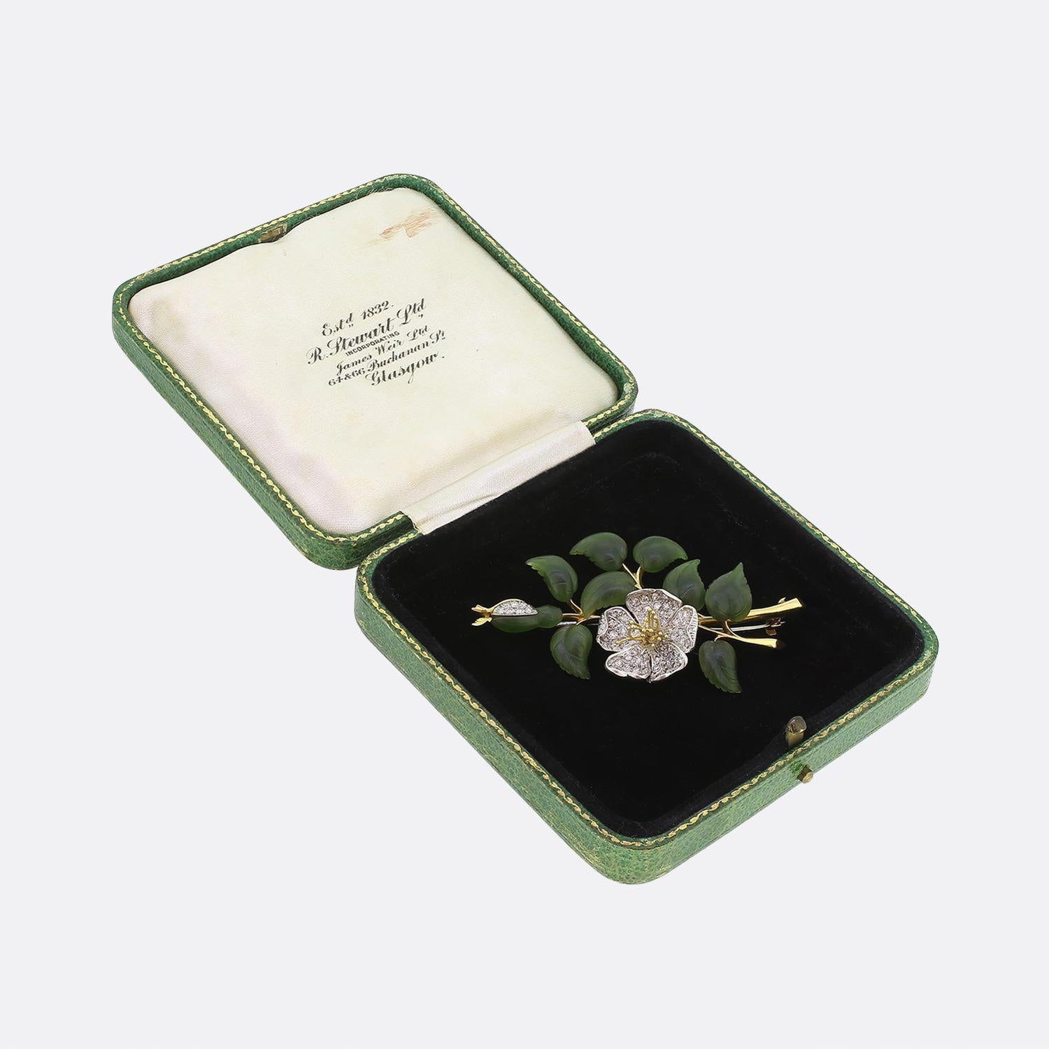 Antique Carrington Diamond and Nephrite Jade Floral Brooch For Sale 1