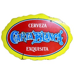 Antique Carta Blanca Mexican Beer Porcelain Sign, circa 1950