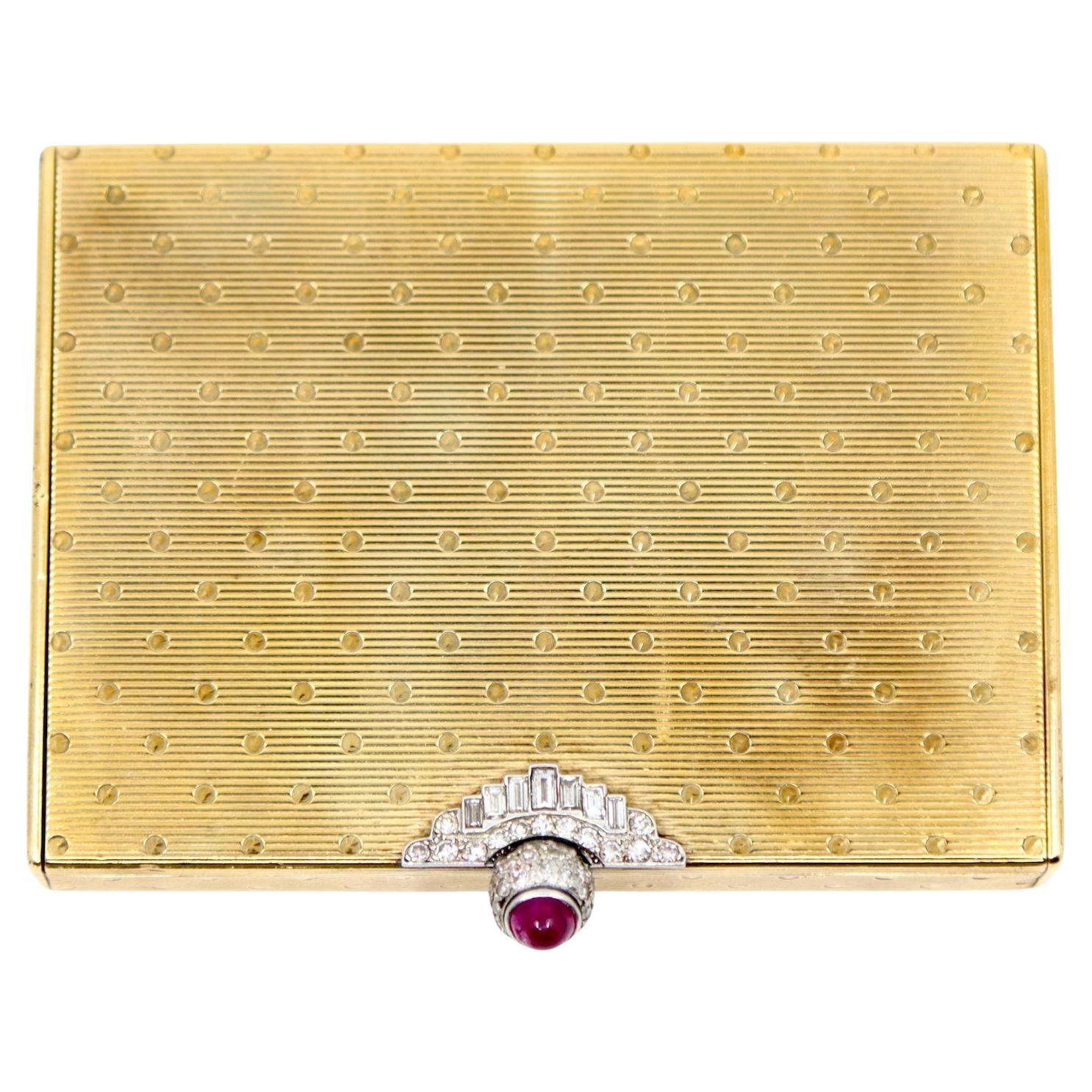 Antique Cartier 9CT Gold Diamond Ruby Compact Case For Sale