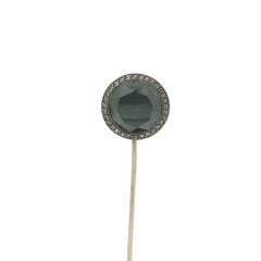 Antique Cartier Edwardian 14k Gold Platinum Round Hematite Old Diamond Stick Pin