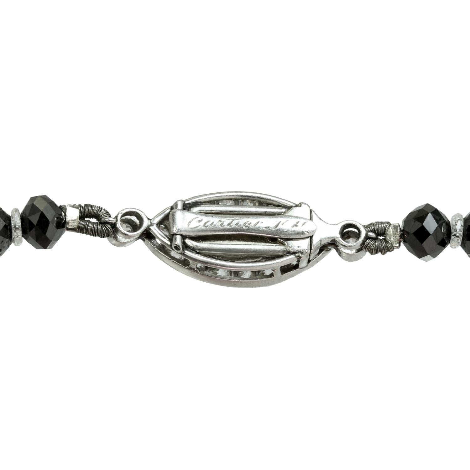 Women's Antique Cartier Platinum Clasp Black Diam. Beads Briolette-Cut White Diam. Neckl For Sale