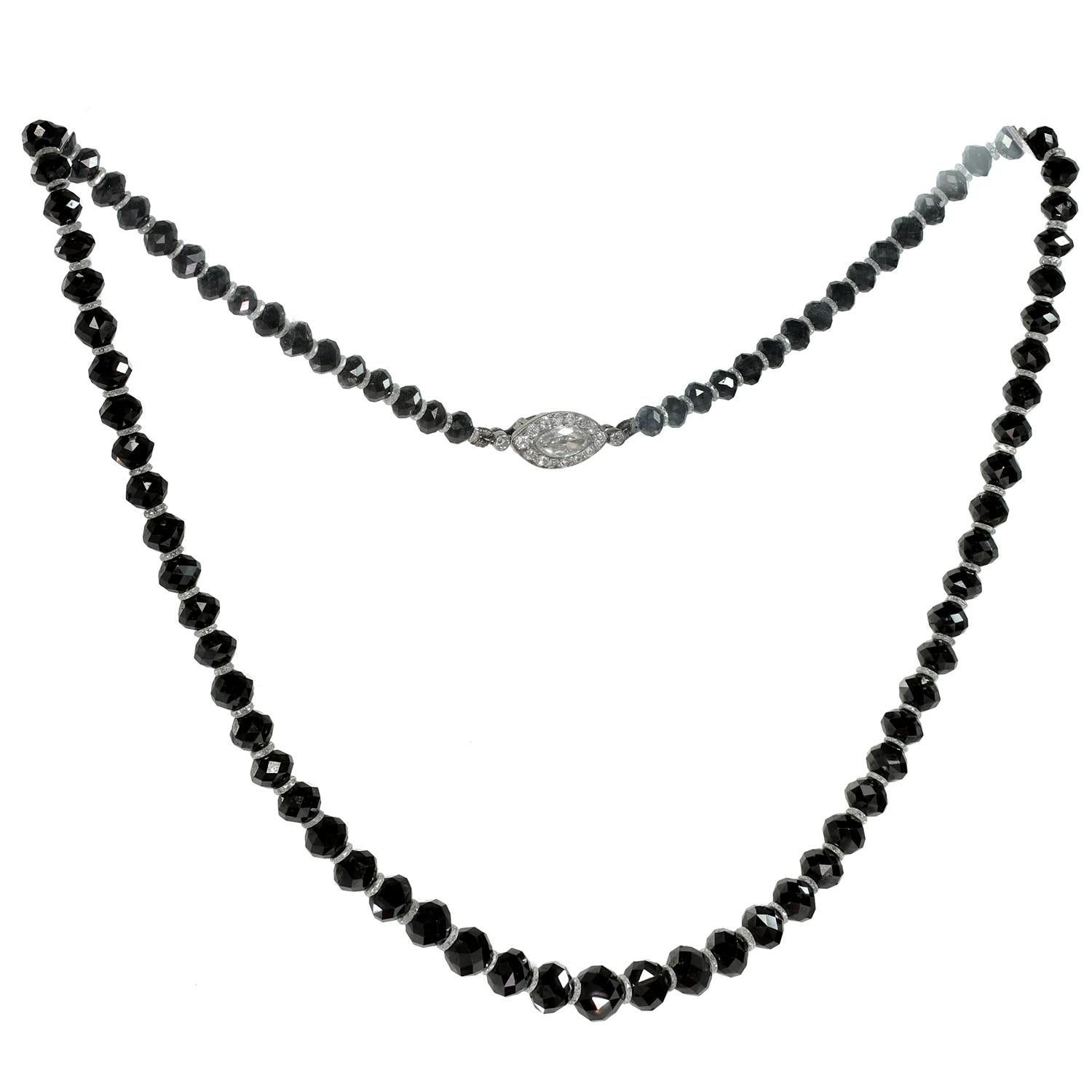 Antique Cartier Platinum Clasp Black Diam. Beads Briolette-Cut White Diam. Neckl For Sale 1