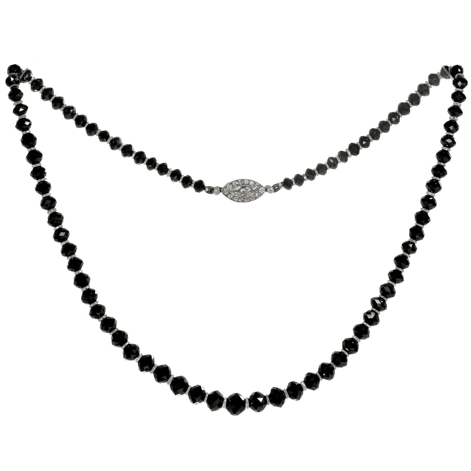 Antique Cartier Platinum Clasp Black Diam. Beads Briolette-Cut White Diam. Neckl For Sale