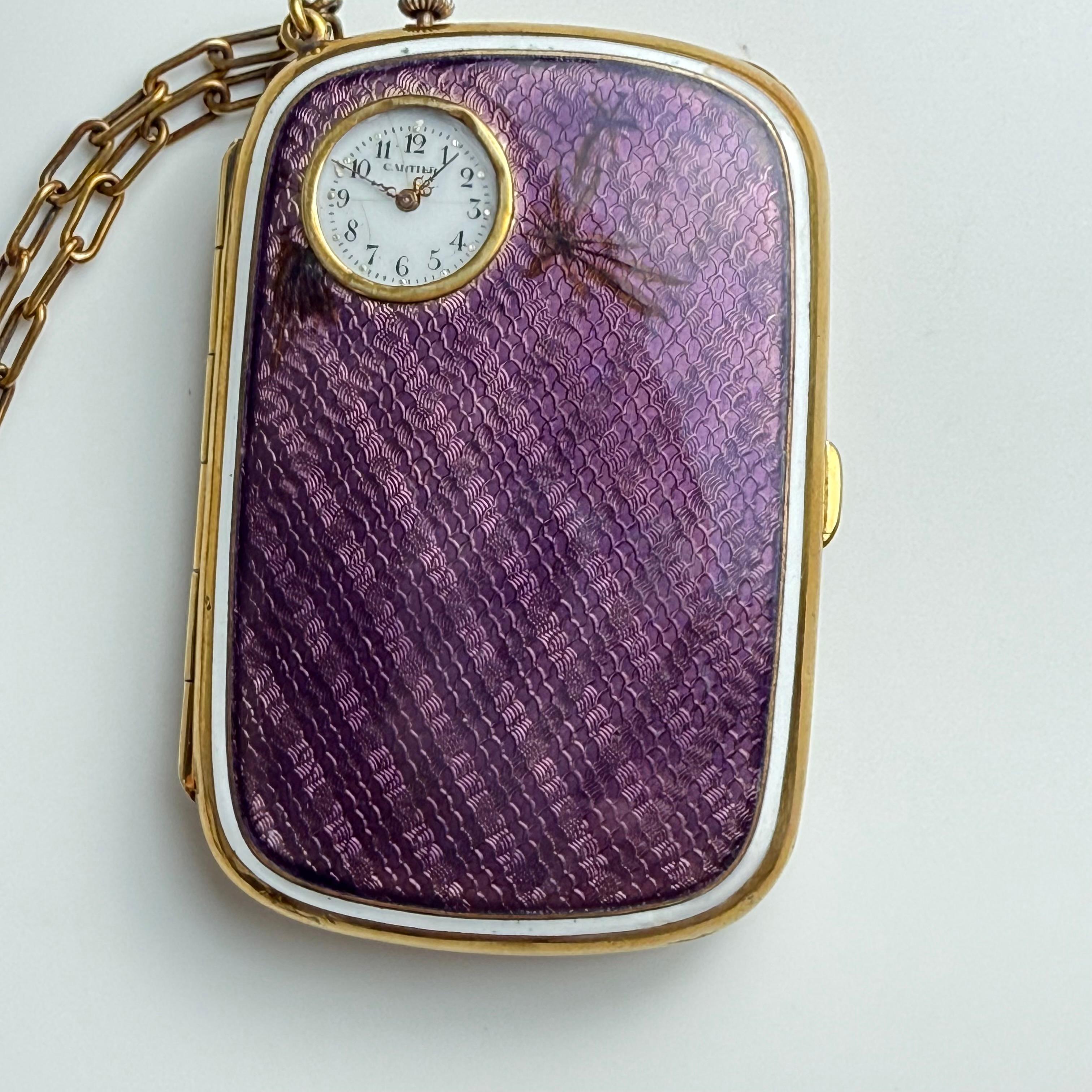 Antique Cartier Silver-Tone Purple Guilloché Enamel Compact Watch 20th Century For Sale 7