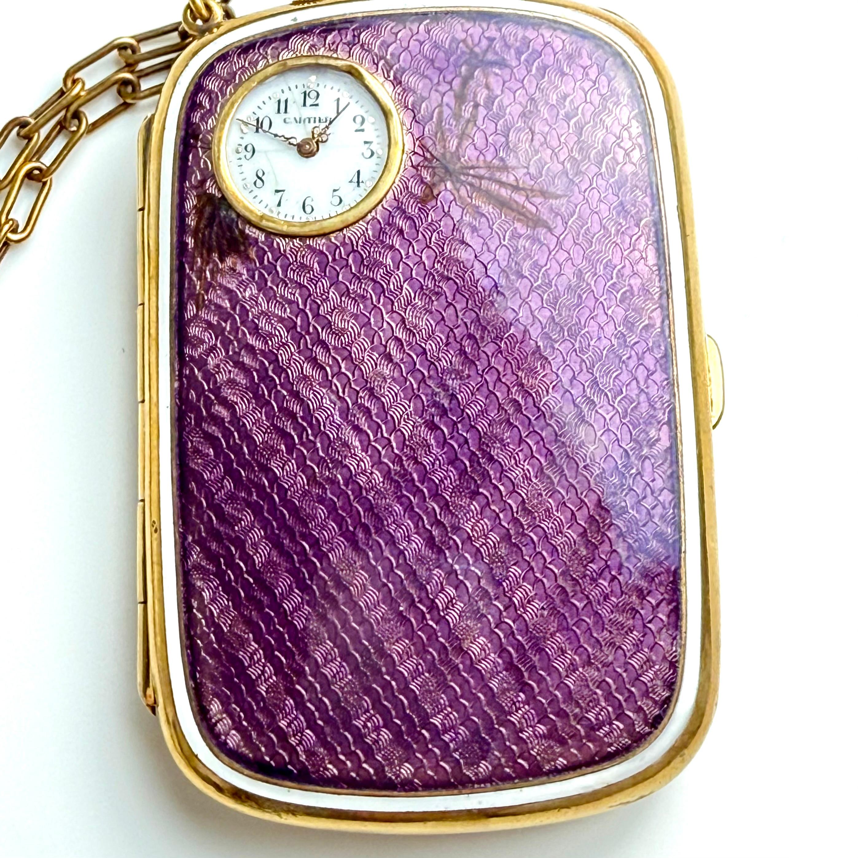 Antique Cartier Silver-Tone Purple Guilloché Enamel Compact Watch 20th Century For Sale 9