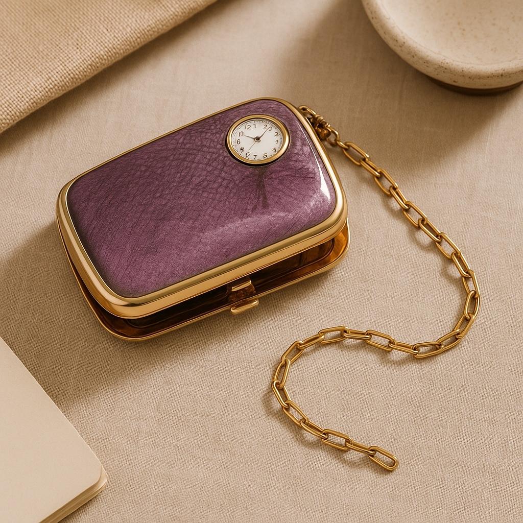 Women's or Men's Antique Cartier Silver-Tone Purple Guilloché Enamel Compact Watch 20th Century For Sale