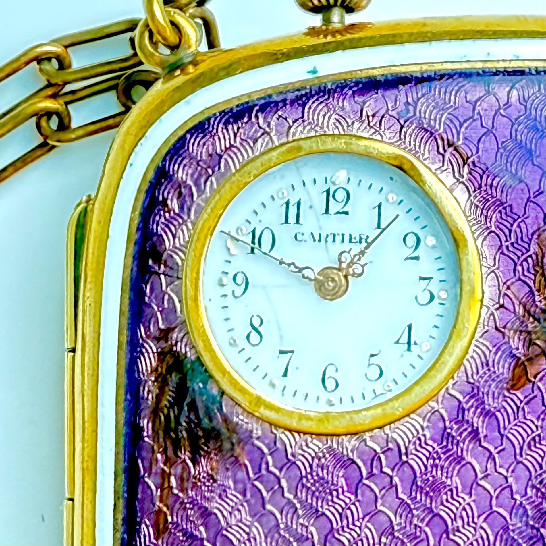 Antique Cartier Silver-Tone Purple Guilloché Enamel Compact Watch 20th Century For Sale 5