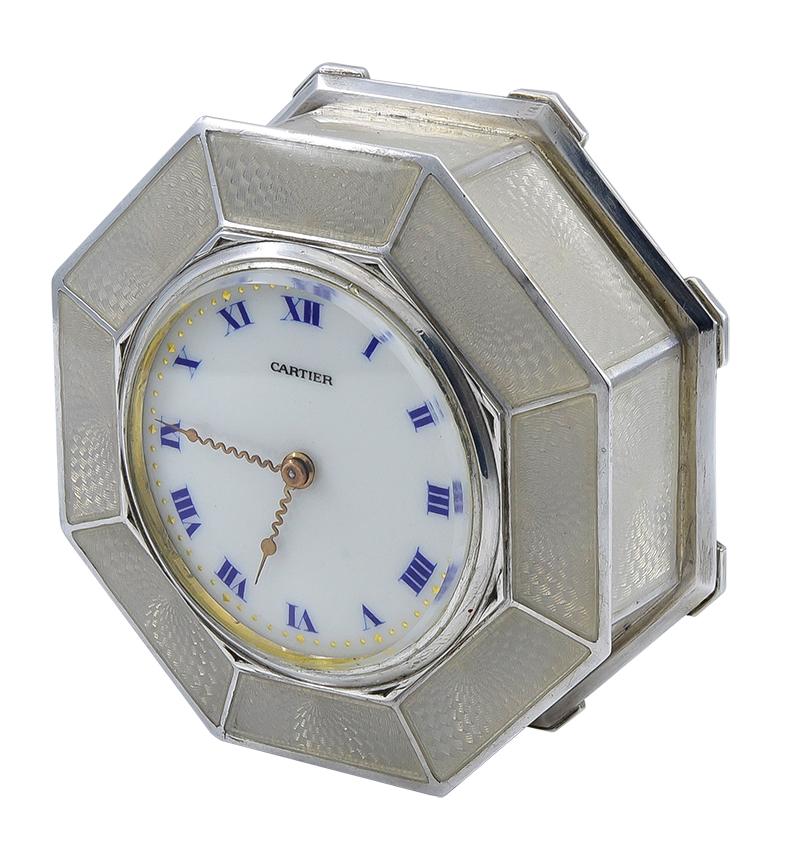 Antique Cartier Sterling and Enamel Petite Clock In Excellent Condition In New York, NY