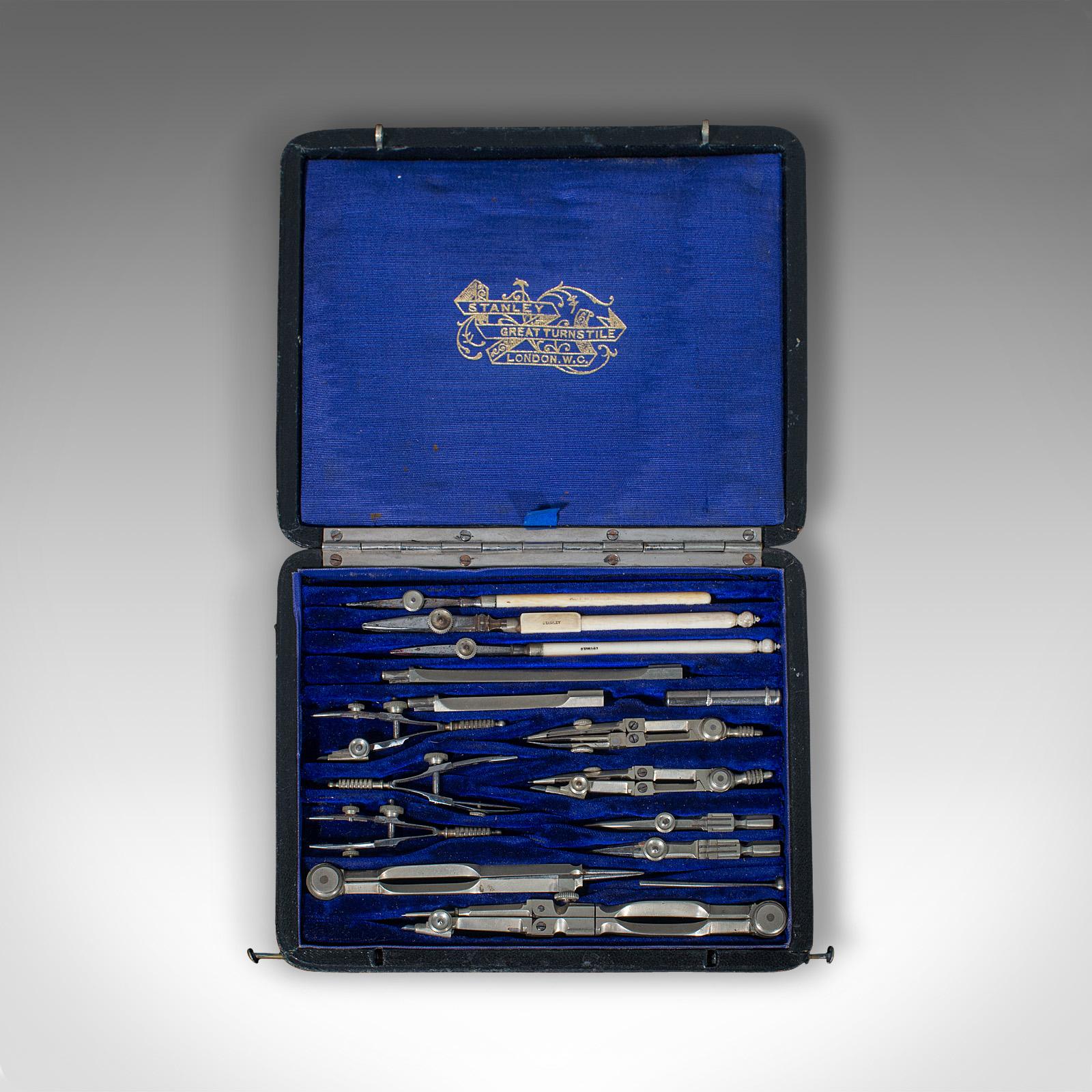 This is an antique cartographer's set. An English, silver nickel architect's or draughtsman's case by Stanley of London, dating to the Edwardian period, circa 1910.

Fascinating early 20th century instrument case
Displaying a desirable aged
