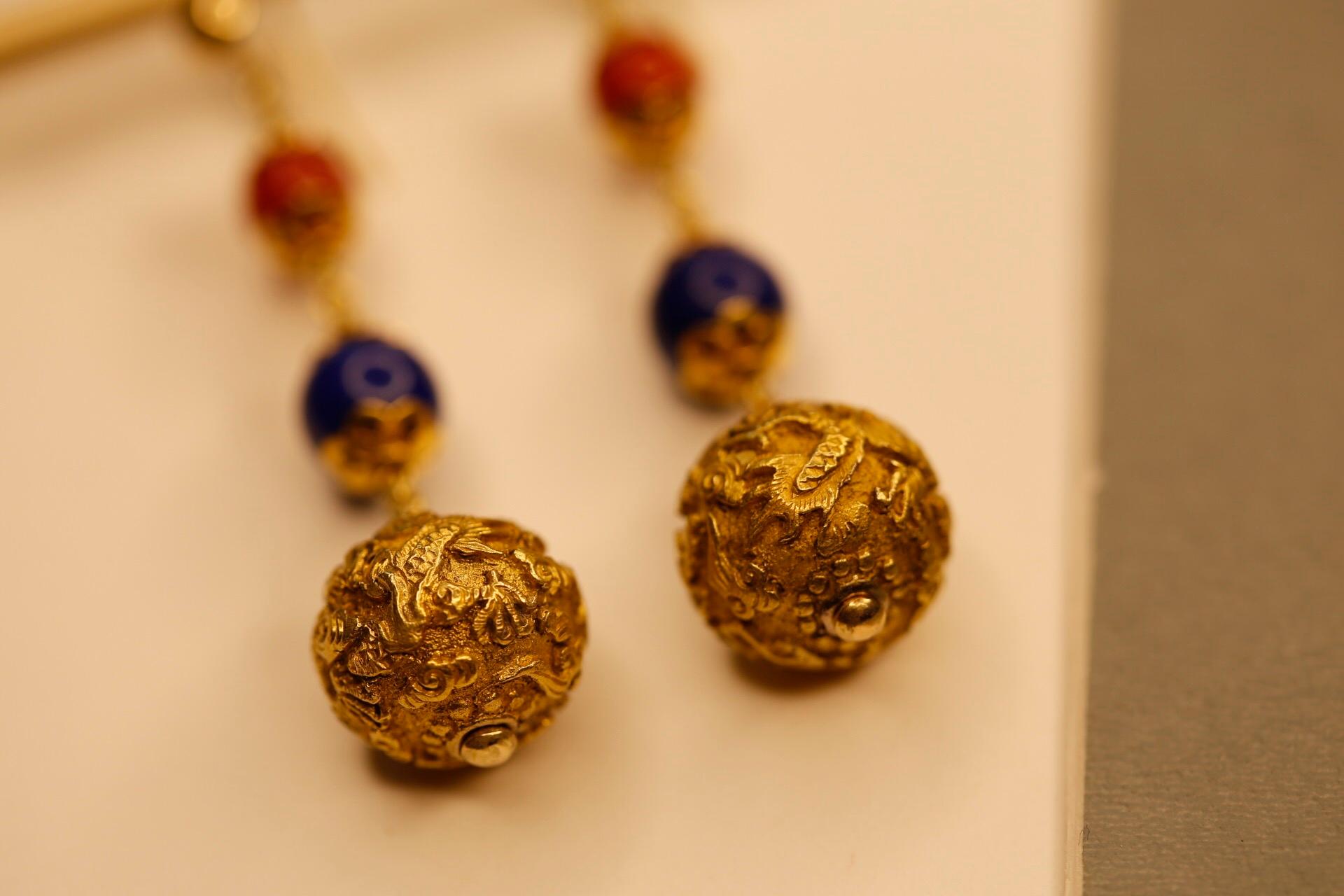 Women's Antique Carved 18 Karat Gold Bead, Coral and Lapis Drop Earrings