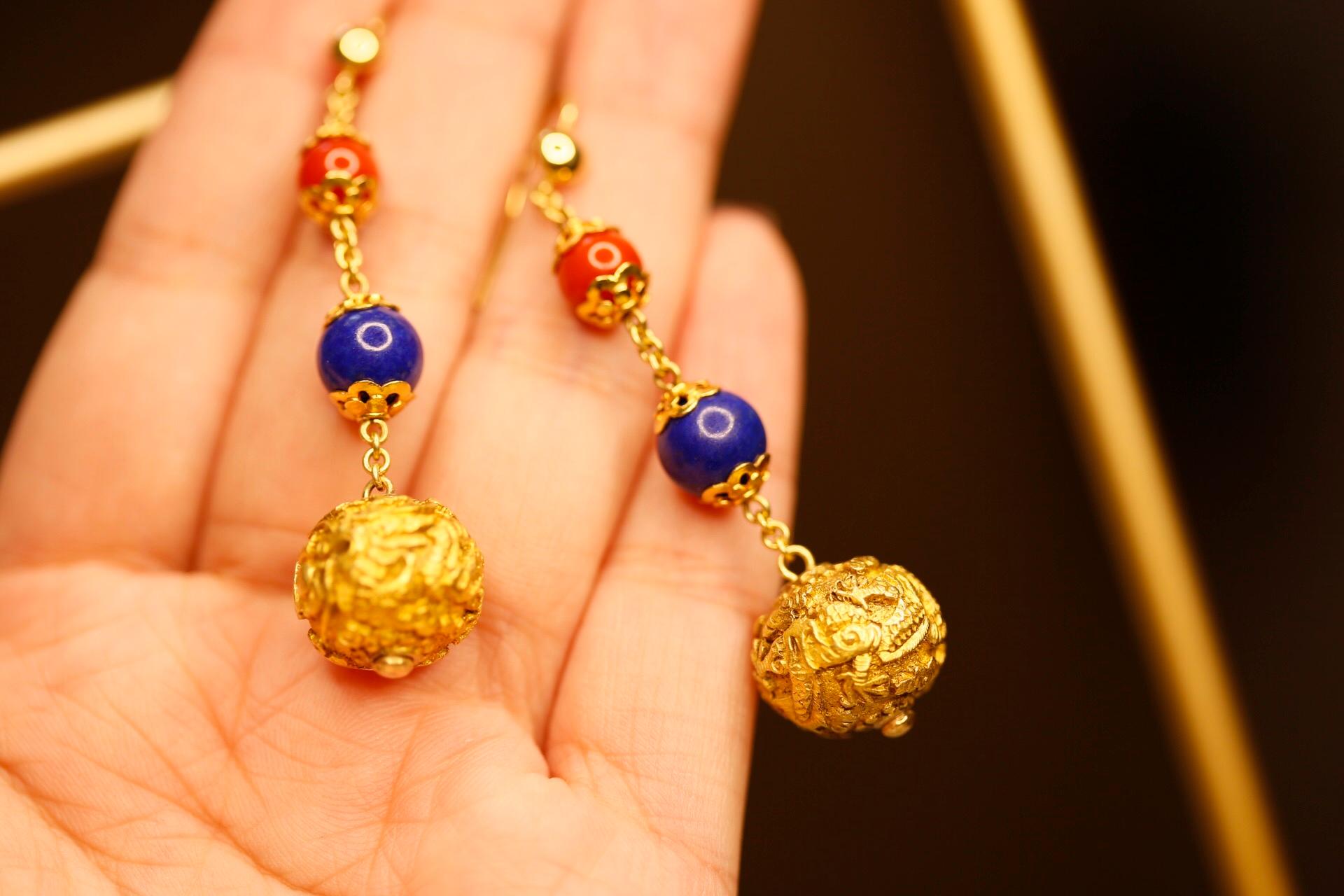 Antique Carved 18 Karat Gold Bead, Coral and Lapis Drop Earrings 1