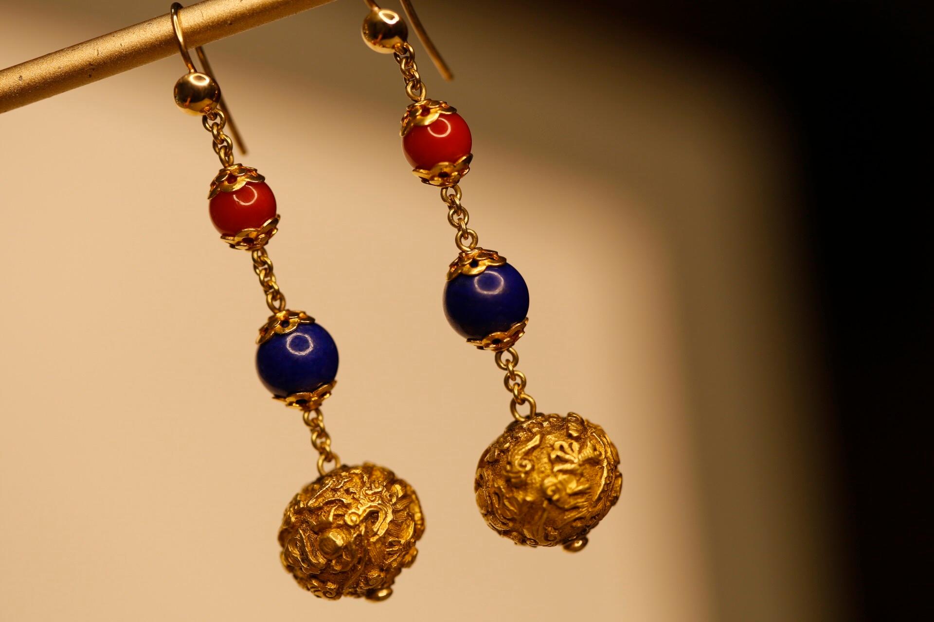 Antique Carved 18 Karat Gold Bead, Coral and Lapis Drop Earrings 2