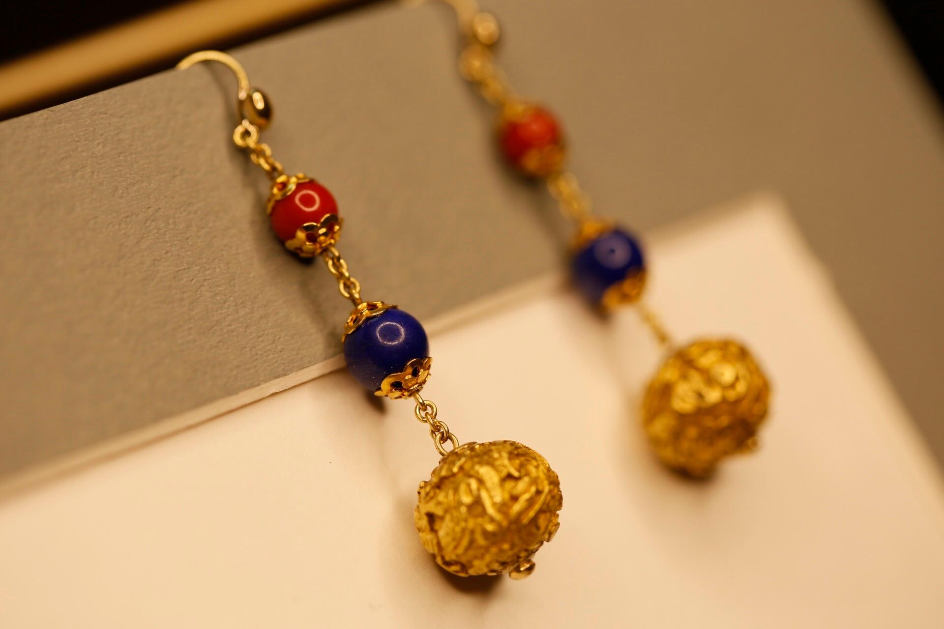 Antique Carved 18 Karat Gold Bead, Coral and Lapis Drop Earrings 3