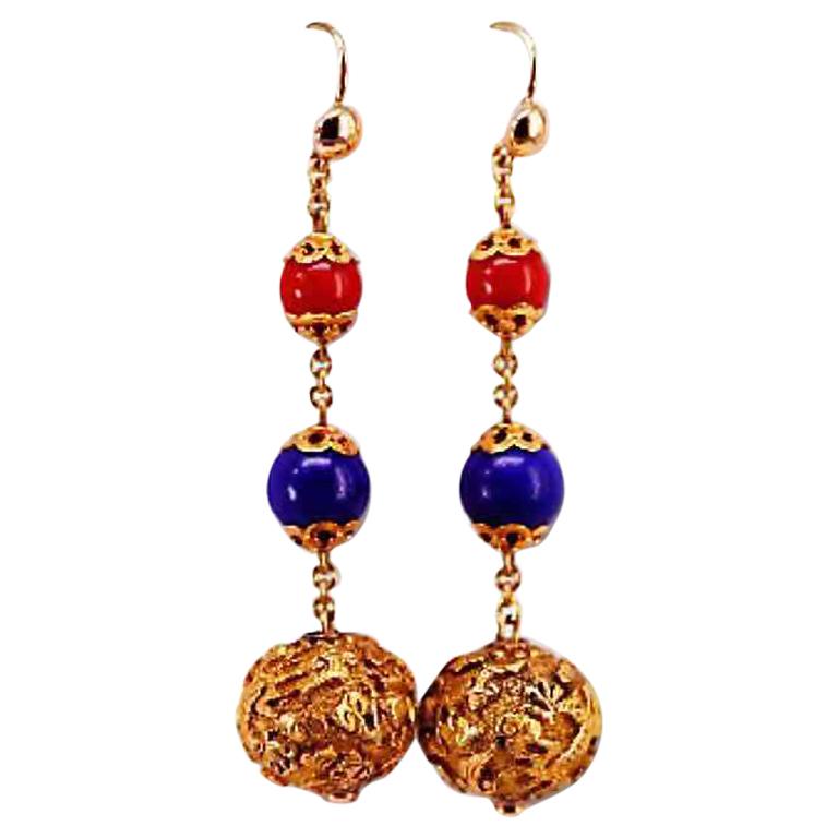 Antique Carved 18 Karat Gold Bead, Coral and Lapis Drop Earrings