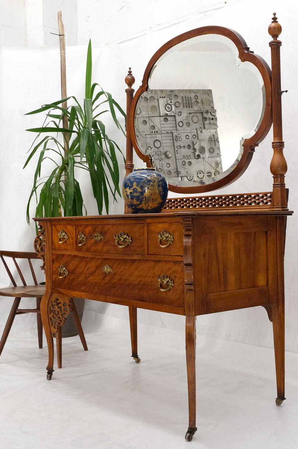 Antique Carved 4 Drawers Dresser w/ Large Beveled Swivel Clove Shape Mirror For Sale 6