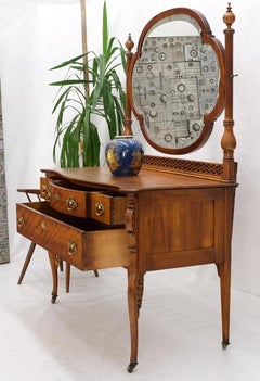 Antique Carved 4 Drawers Dresser w/ Large Beveled Swivel Clove Shape Mirror