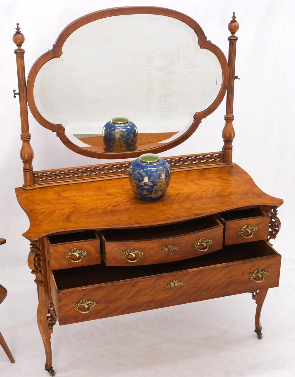 Victorian Antique Carved 4 Drawers Dresser w/ Large Beveled Swivel Clove Shape Mirror For Sale