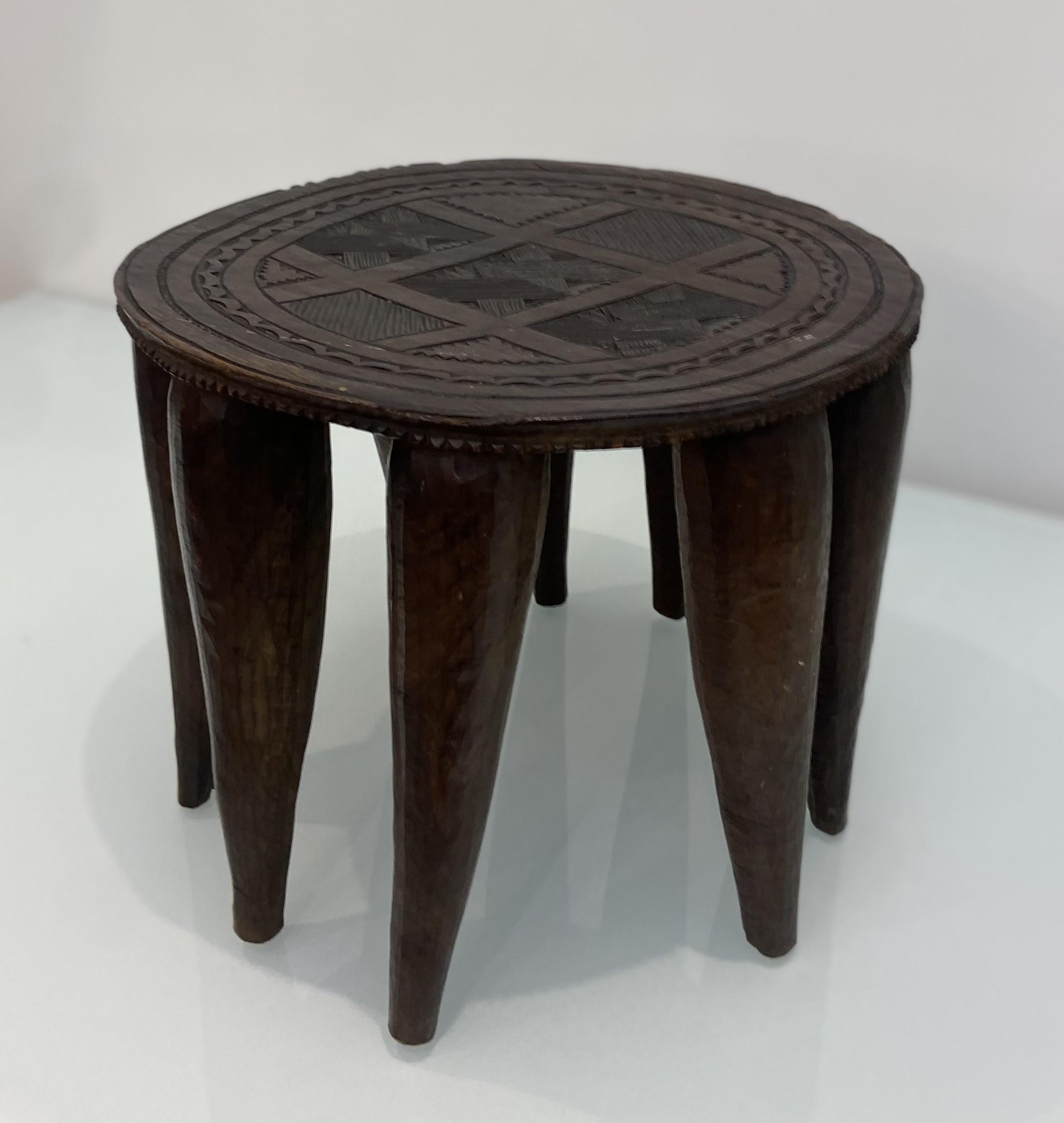 Un antico sgabello africano Ashanti intagliato a mano. Questo splendido pezzo mette in mostra l'artigianato tradizionale e riflette l'arte e il simbolismo della cultura tribale africana.

Intricatamente intagliato a mano in legno massiccio, questo