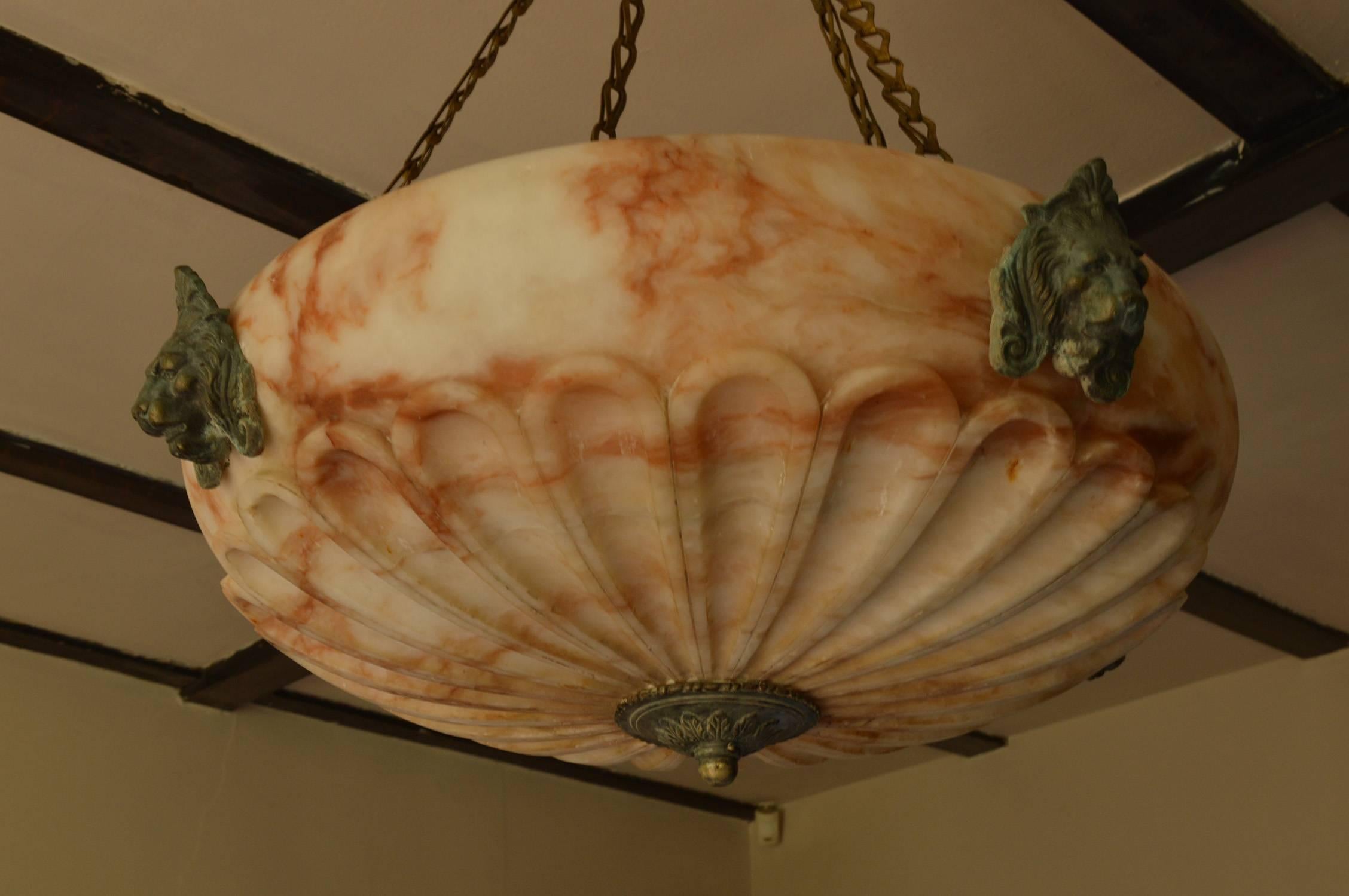 Antique Carved Alabaster Chandelier in Greek Revival Style, English 19th Century In Good Condition In St Annes, Lancashire