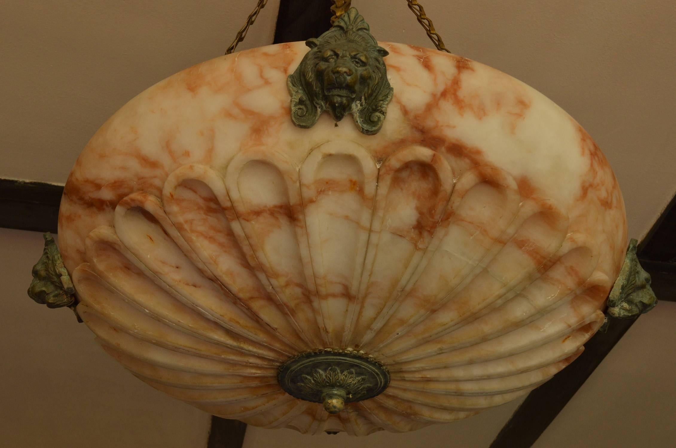 Brass Antique Carved Alabaster Chandelier in Greek Revival Style, English 19th Century