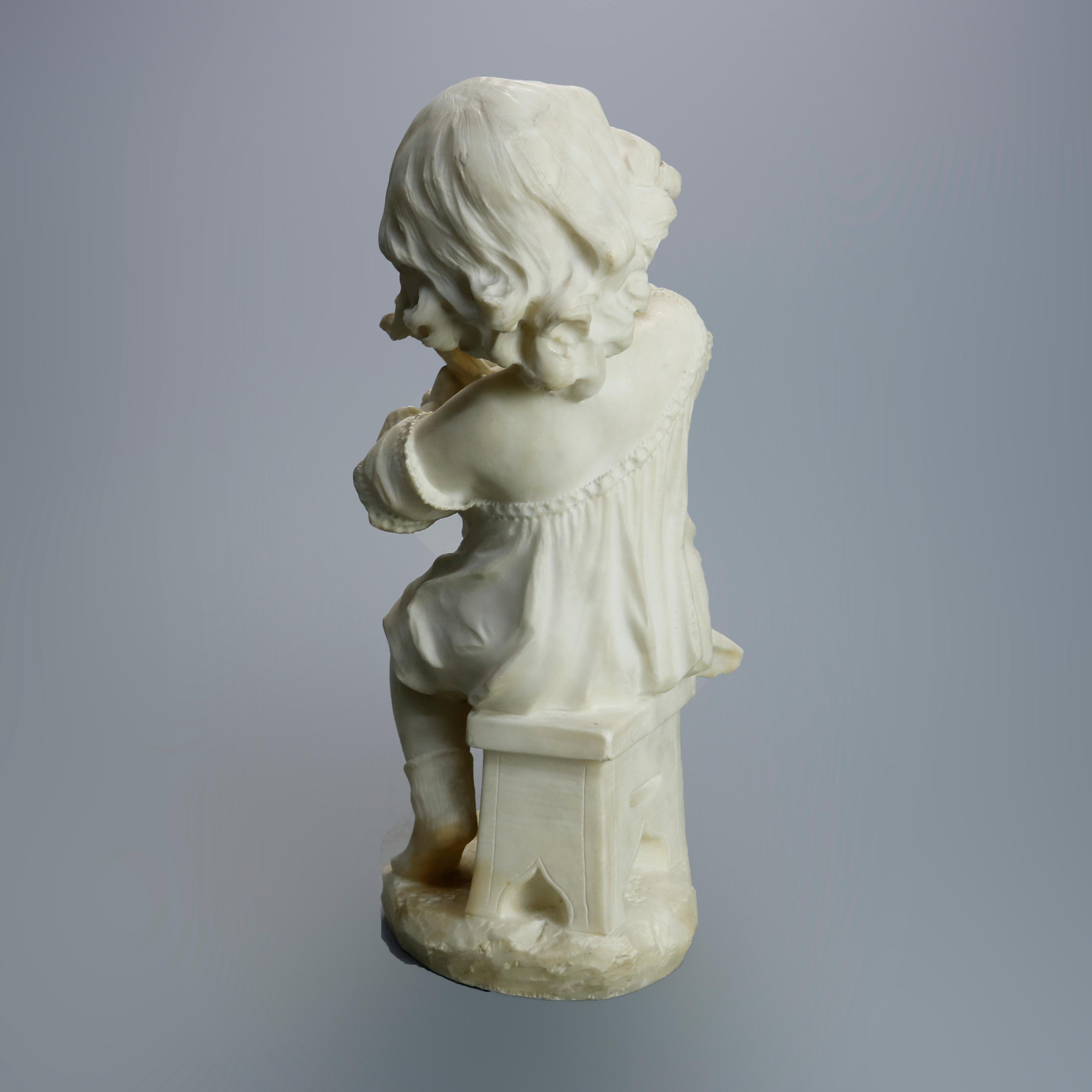 Antique Carved Alabaster Sculpture of Young Girl by Adolpho Cipriani, c1890 7