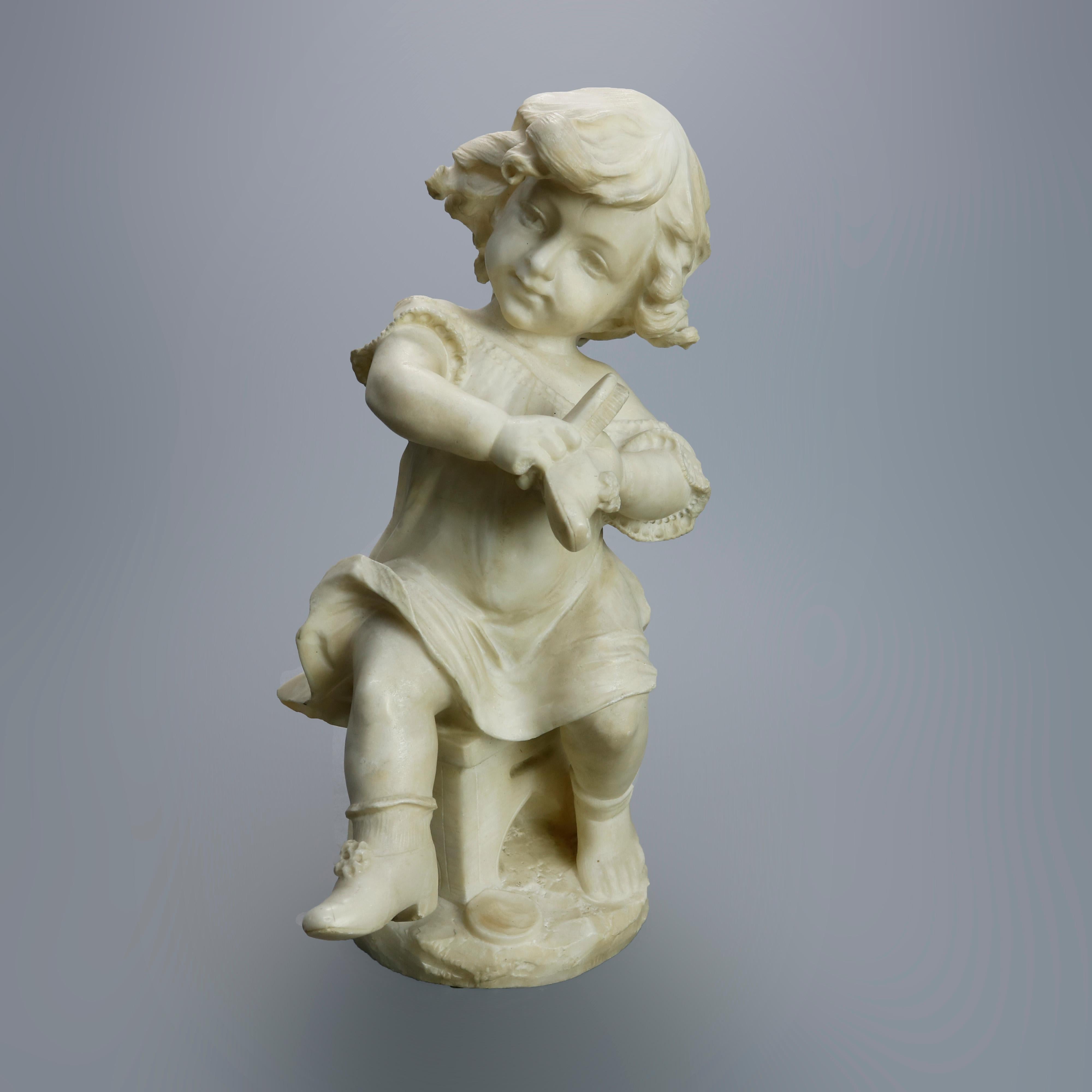 Antique Carved Alabaster Sculpture of Young Girl by Adolpho Cipriani, c1890 9