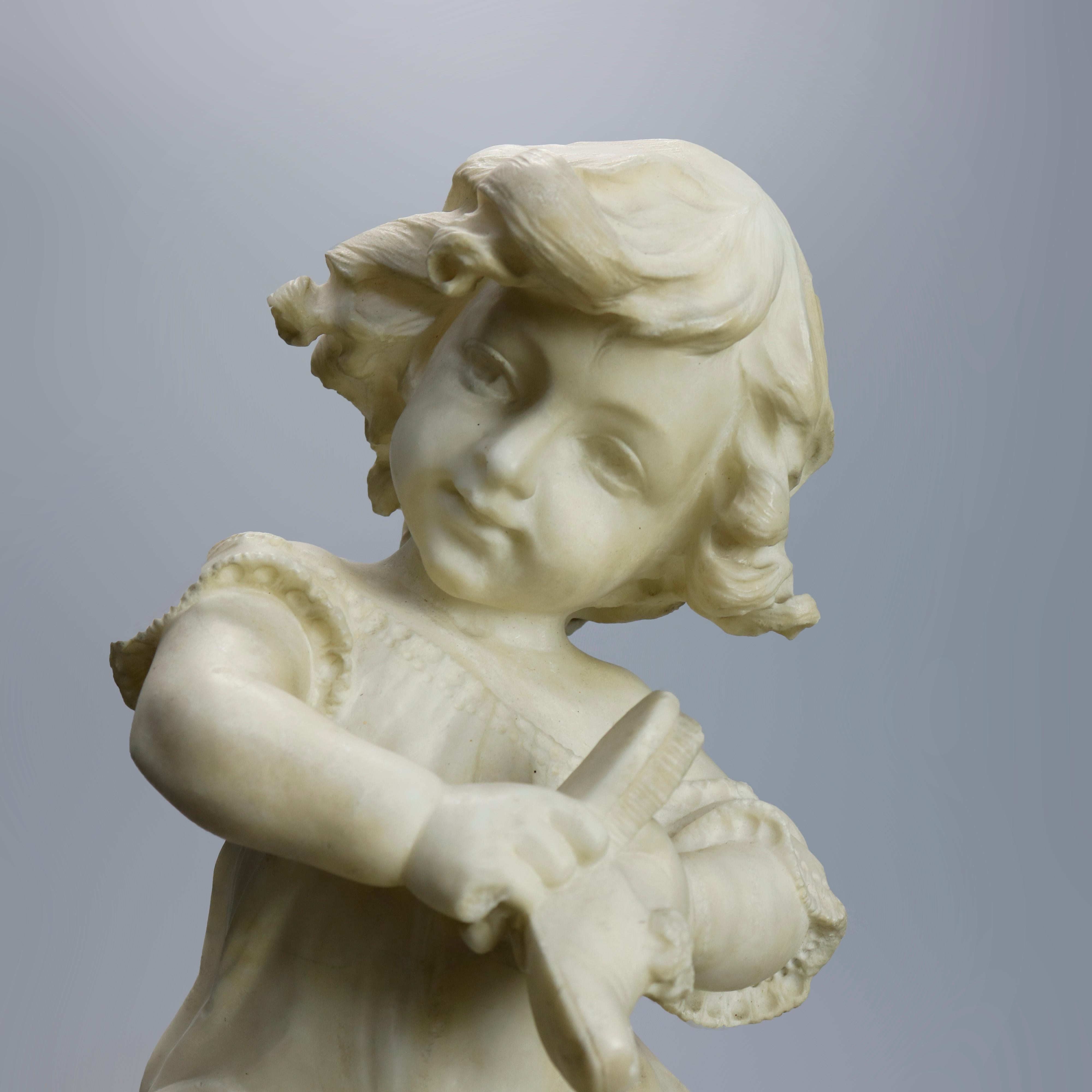 An antique figural sculpture by Adolpho Cipriani (Italian, 1857-1941) offers carved alabaster depiction of a young girl seated on a stool and putting on shoes, artist signed on seat as photographed, c1890

Measures: 18.25