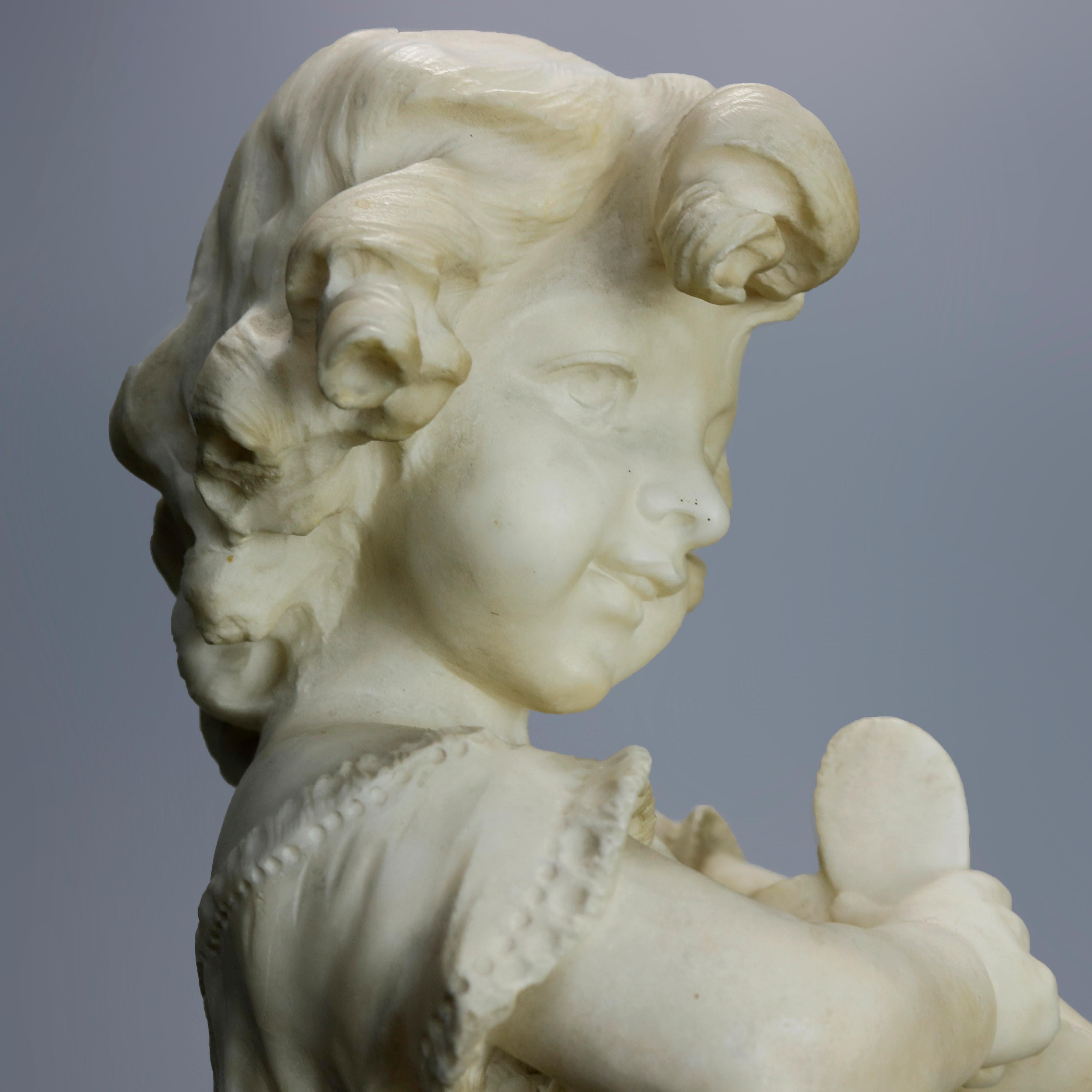Italian Antique Carved Alabaster Sculpture of Young Girl by Adolpho Cipriani, c1890