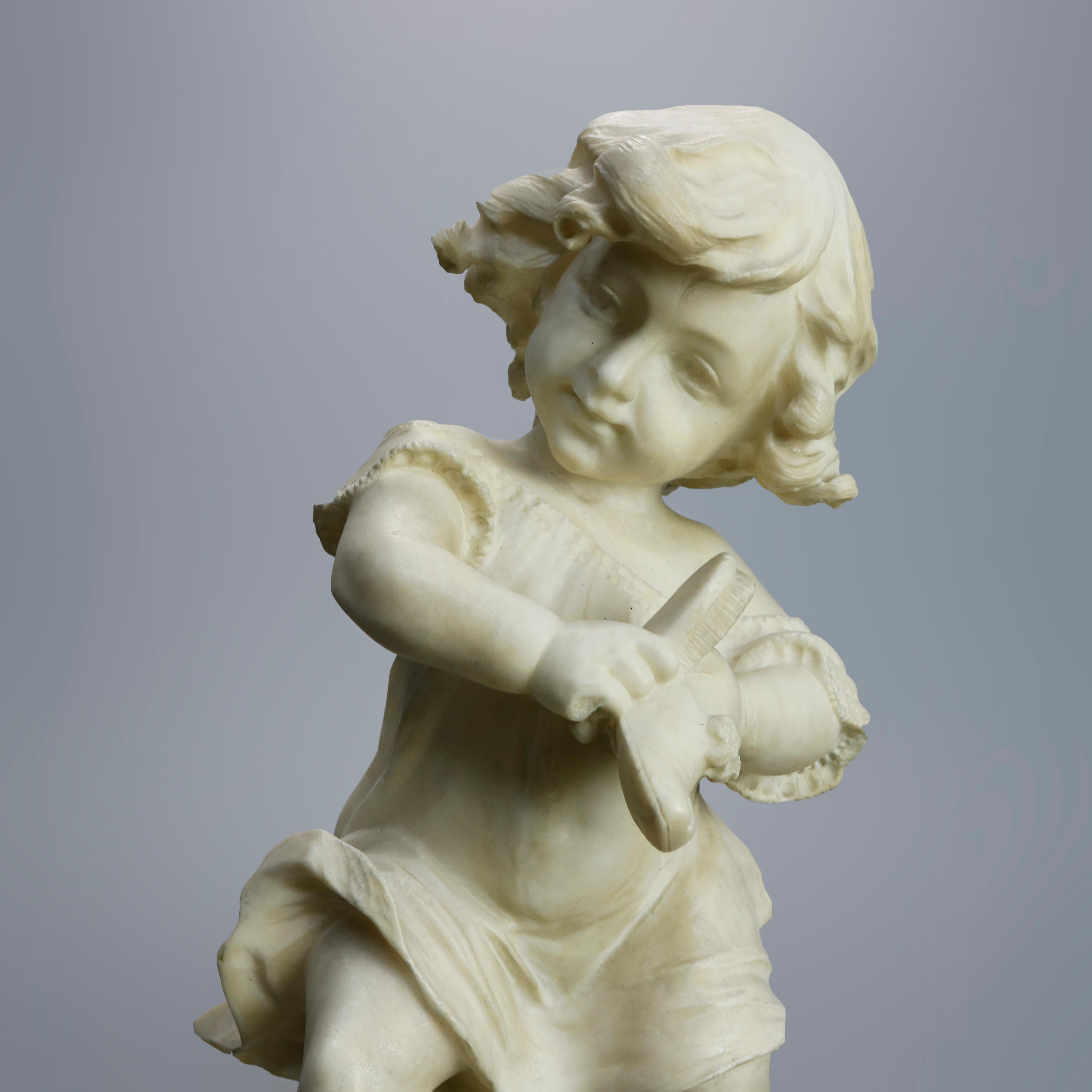 Antique Carved Alabaster Sculpture of Young Girl by Adolpho Cipriani, c1890 In Good Condition In Big Flats, NY