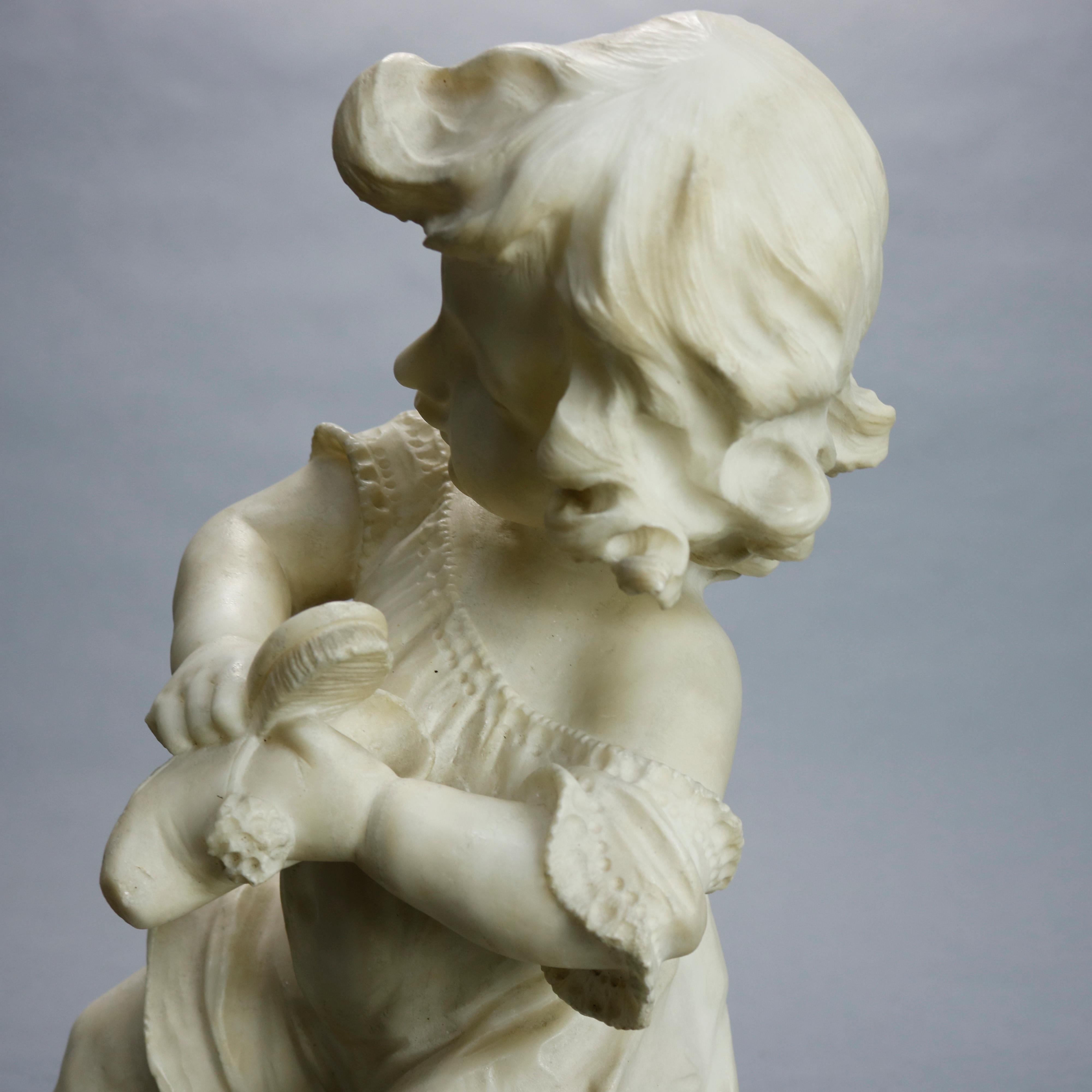 19th Century Antique Carved Alabaster Sculpture of Young Girl by Adolpho Cipriani, c1890