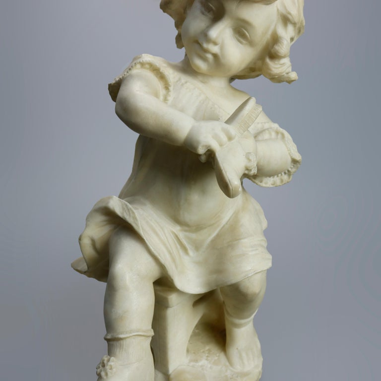 Antique Carved Alabaster Sculpture of Young Girl by Adolpho Cipriani, c1890 3
