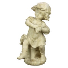 Antique Carved Alabaster Sculpture of Young Girl by Adolpho Cipriani, c1890