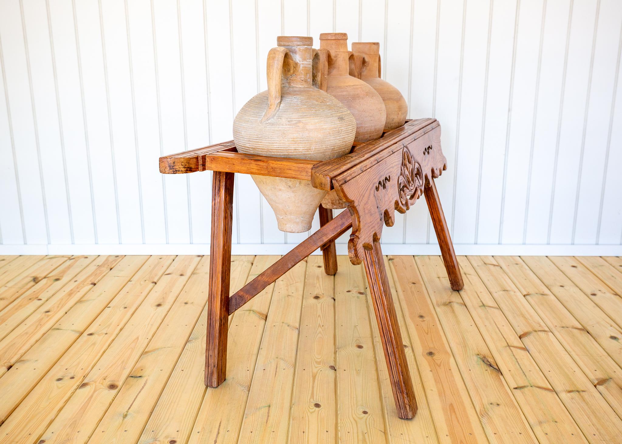 Antique Carved Amphora Stand With Amphorae Spanish Villa Rustic Tinaja Bar Cart For Sale 3