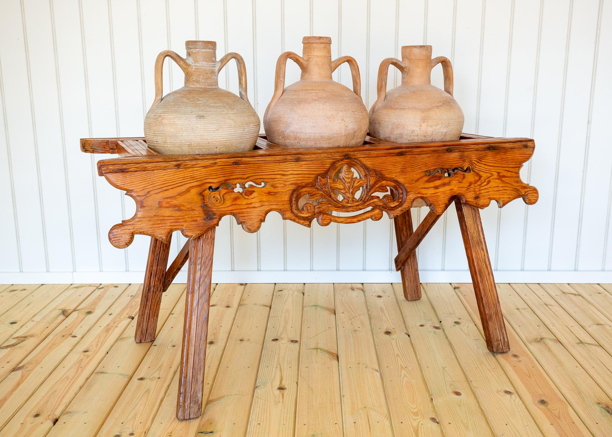 Antique Carved Amphora Stand With Amphorae Spanish Villa Rustic Tinaja Bar Cart For Sale 6